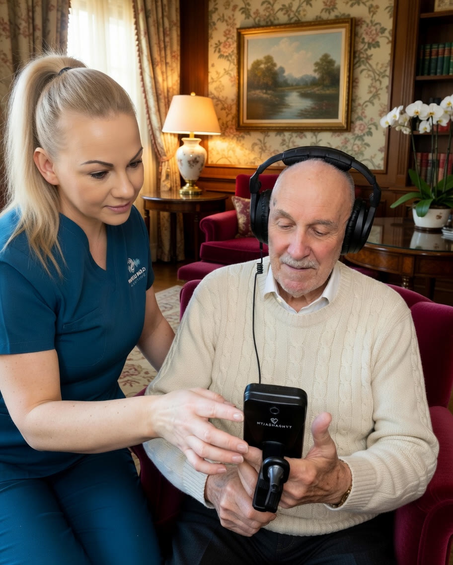 Kasia Rybak, Director and Co-Founder of Clear Sound Solutions, carrying out a hearing screen with a care home resident